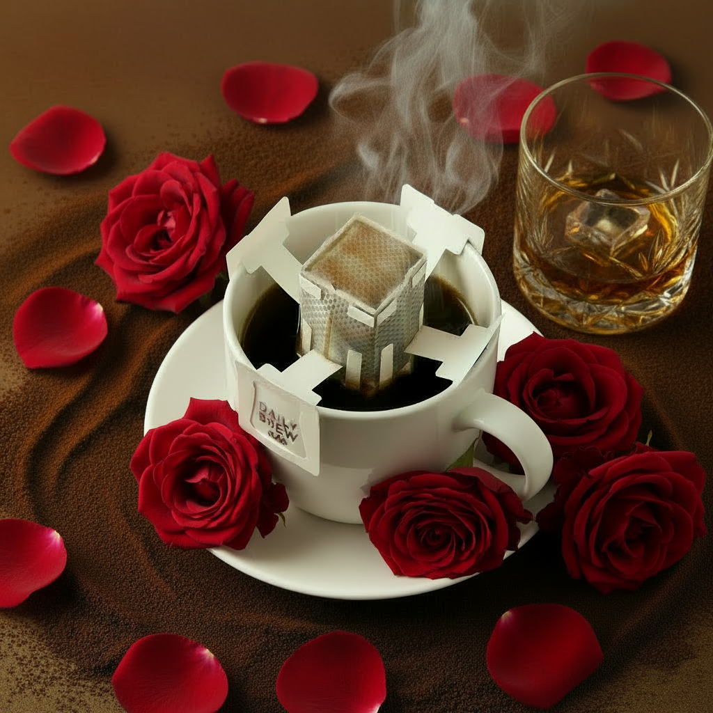 紅玫瑰及威士忌酒杯咖啡產品圖